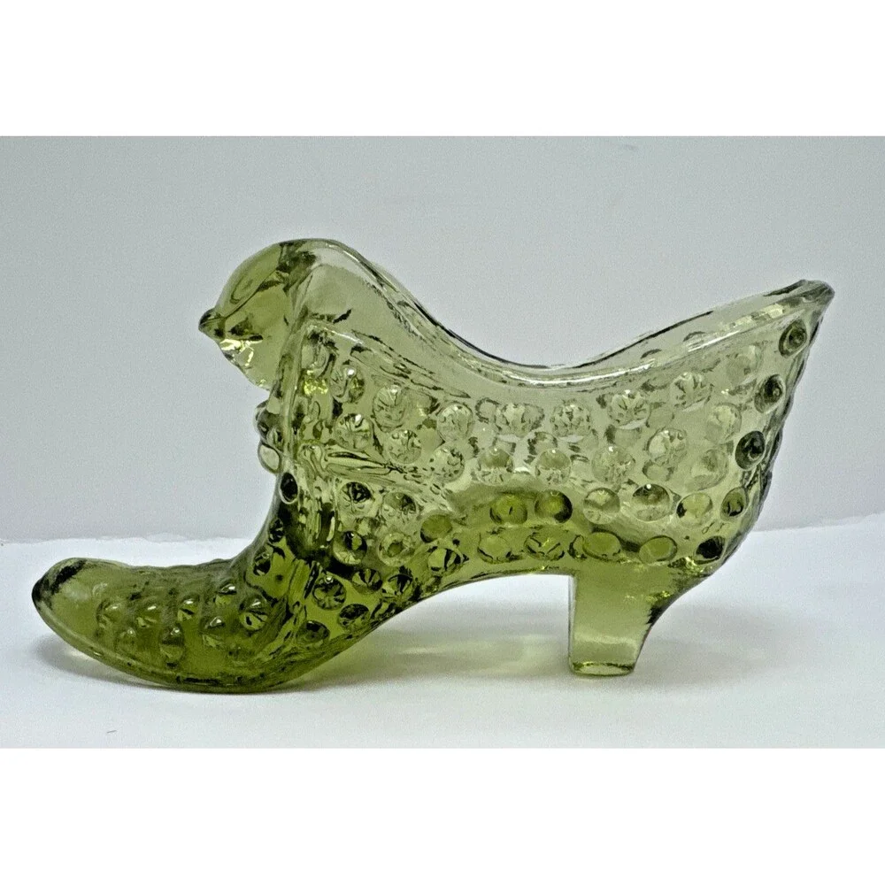VTG USA Fenton Colonial Green Hobnail Slipper Shoe Ruby Red Daisy and Button